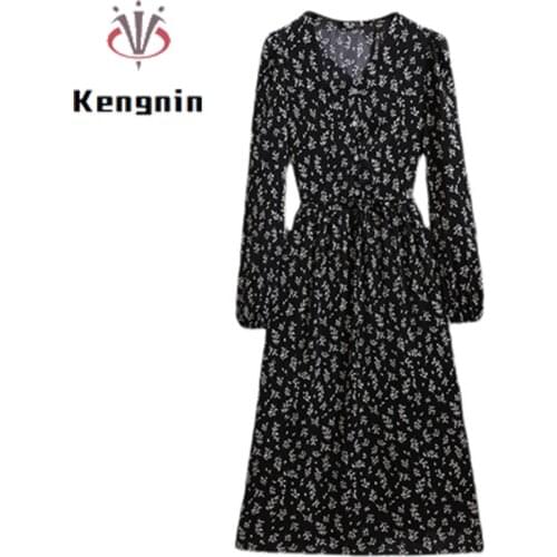 2021 Autumn Loose Oversize Women Tunic Dress Long Sleeve Chiffon Office Lady Work Dress Vestidos Print V-Neck Robe Female KE1699