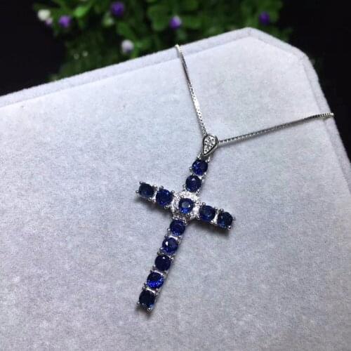 Natural sapphire pendant S925 silver Natural gemstone Fashion grace lucky cross Pendant Necklace women girl party fine jewelry