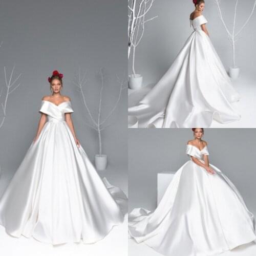 2020 Satin Wedding Dresses Off The Shoulder Short Sleeve Wedding Gowns Sweep Train Plus Size Bridal Dress