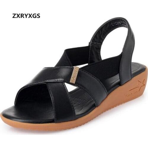 2019 New Plus Size Open Shoes Woman Summer Sandals Comfort Soft Genuine Leather Shoes Casual Sandals Flat Non-slip Women Sandals