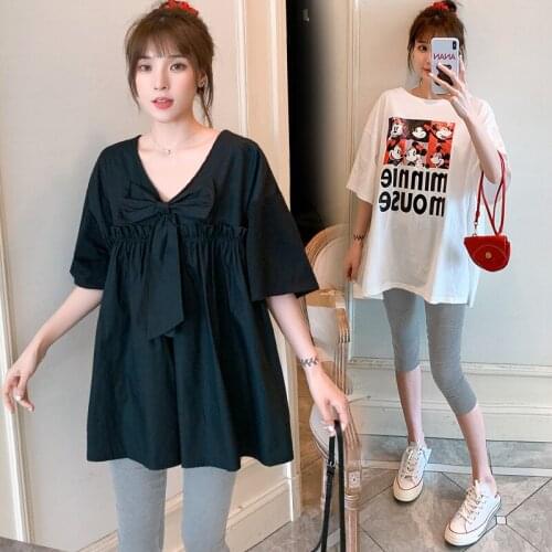 812# Maternity Clothes Summer Cotton Printing T Shirt Tops Short Sleeves Loose Stylish Dress Pregnant Women Mom Dress