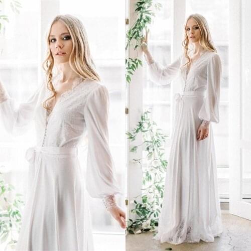 White Bridal Robes Chiffon Women Sleepwear Honeymoon Lingerie Lace Robe Long Sleeve Bathrobe Nightwear Babydoll Dress Boudoir
