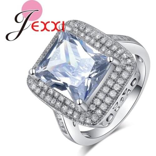 Brand Luxury Big Square Cubic Zircon Crystal Jewelry 925 Sterling Silver Fashion Bridal Wedding Rings Accessory Charm Ring