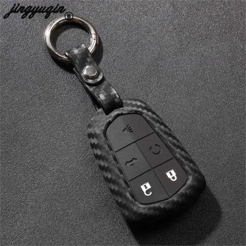 Jingyuqin Silicone Carbon Fiber Car Key Case Cover For Cadillac ATS-L XTS XT5 CTS CT6 ATS 28T SRX Escalade Remote Fob keychain