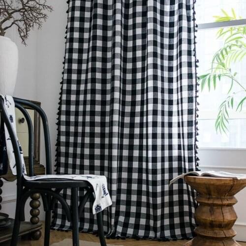 Black/White Lattice Tassel Curtains Living Room Bedroom Cotton Hemp SemiBlackout Curtains American Small Window Kitchen Curtains