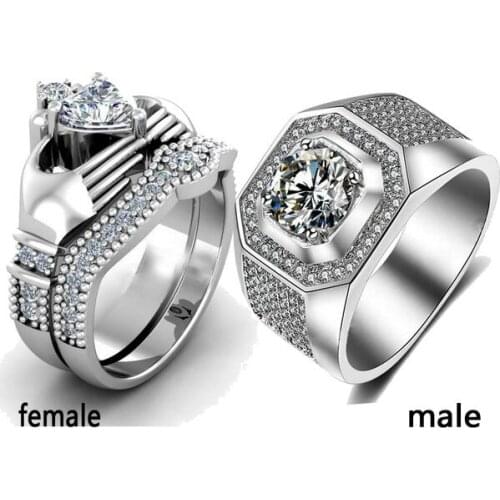 Choucong Trendy Jewelry His and Hers Titanium Stainless Steel 10KT White Gold Filled CZ Bridal Matching Wedding Couple Ring Set
