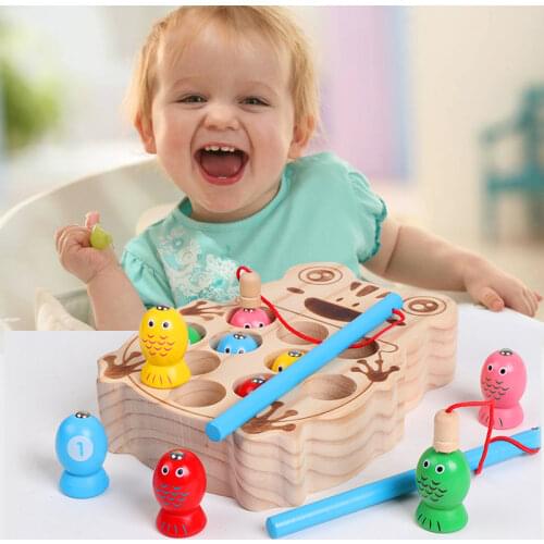 Childrens wooden toy Fishing toys magnetic Catch frogs game Montessori Educational frog toys kindergarten supplies toddler game