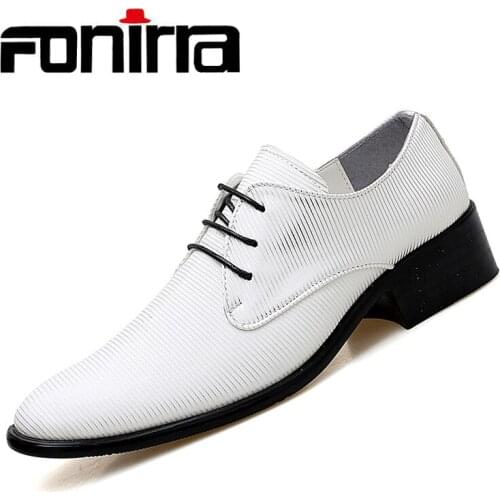 FONIRRA Men White PU Leather Shoe Slip On Men Party Derbies Shoes Casual Flats Shoes Men British Office Derby Suit Shoes 334