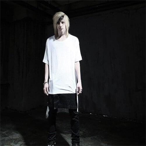 Mens European and American Korean version round collar short front and long back asymmetrical long large size nightclub T-shirt