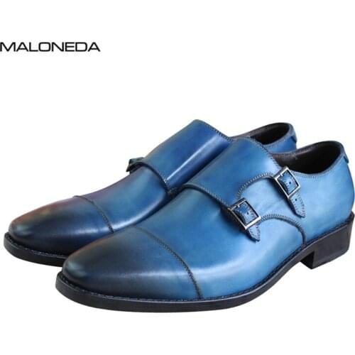 MALONEDA Bespoke Handmade Double Monk Straps Formal Dress Shoes With Goodyear Welted Made of Full Genuine Leather