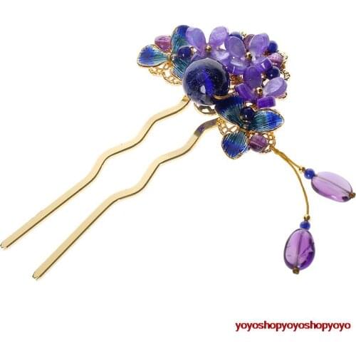 China JIANGNAN vintage nature jade Purple crystal hairgrips "U"hairpins sticks hanfu kimono cosplay Chinese accessories