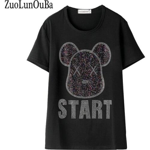 ZuoLunOuBa Summer Fashion Women Black T Shirt Start Letter Hot Diamond Bear Short Sleeve Puls Size Loose Tees Tops