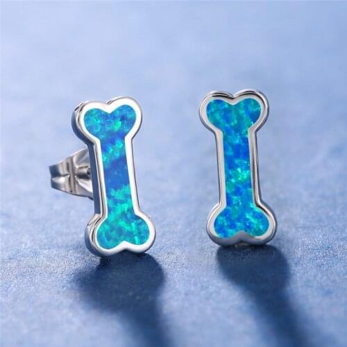 Cute Zinc Alloy Blue Imitation Fire Opal Small Dog Bone Shape Stud Earrings Fashion Female Ear Studs The Gift For Girl