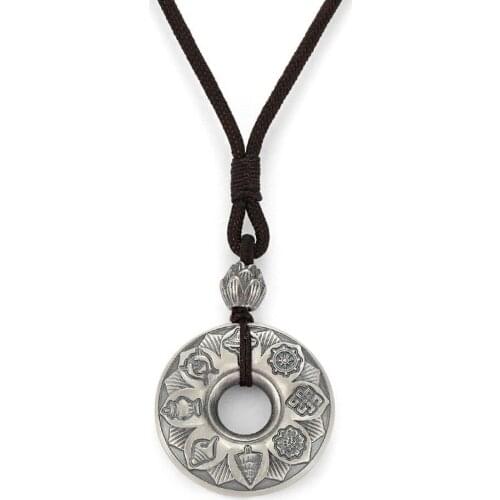 Fashion Retro Silver Unisex Necklaces Jewelry Round Auspicious Eight Treasures Pattern Engraving Pendant Charms Lucky