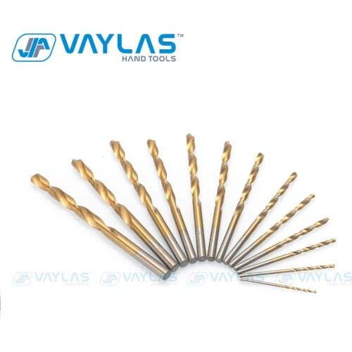 VAYLAS 13pcs 1.5mm-6.5mm Titanium Coated High Speed Steel Twist Drill Bit Set Tool Woodworking Power Tools Kit