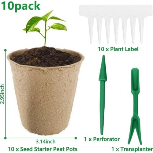 Peat Pots Kit 10PCS Biodegradable Germination Seedling Trays with 10 Labels Garden Tools for Home Garden Greenhouse plant pots