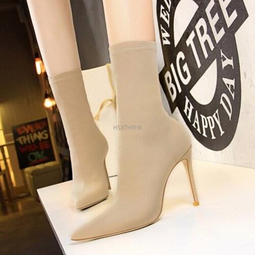 2021 New Sock Boots for Women High Heel Boots Stretch Fabric Mid-Calf Boots Winter Shoes Sexy Square Heels Women Boots Plus Size