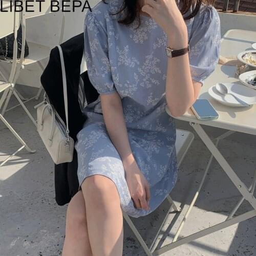 2021 New Women Summer Dresses Casual Printed Floral Vintage Korean Elagant Fashionable Lace Up Wild High Waist Lady Dress DR3326