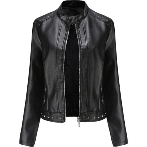 Solid Color Casual Faux Leather Jackets And Coats Women Long Sleeve Zipper Hem Rivet Tops Female Motorcycle Jacket Autumn 2021