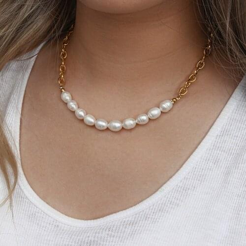 New Ladies Elagent Texture Link Chain Natural Freshwater Pearl Necklace Gold Metal Baroque Pearl Patchwork Chain Necklac