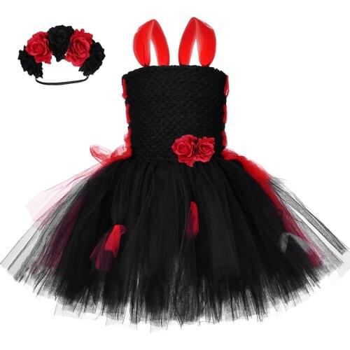 Day of The Dead Corpse Bride Tutu Dress Costume for Girls Halloween Carnival Party Dress Up Red & Black Kids Flower Tulle Dress