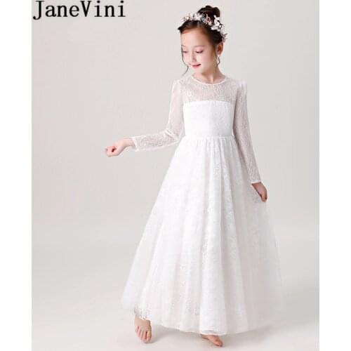 JaneVini White Long Sleeve Flower Girls Dress for Kids Weddings Lace Beaded Neck Prom Dress Floor Length First Communion Dresses