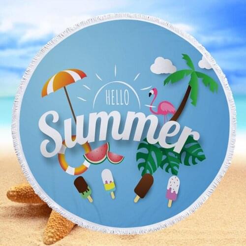 Microfiber Beach Towel Letter Printing Round Tassel Beach Towel Summer Swimming Bath Towel for Travel Outdoor Picnic Yoga Mat