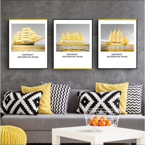 Nordic Style Golden Sailing Boat Canvas Painting Nautical Landscape Poster Print Fashion Wall Art Pictures For Living Room Aisle