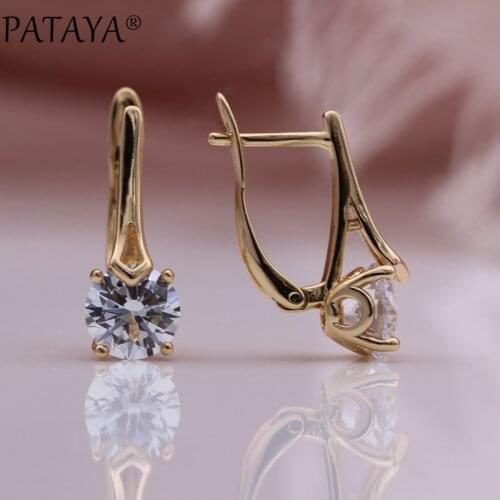 PATAYA New Full Love White Dangle Earrings Round Natural Zircon Wedding Party Gift Fashion Jewelry 585 Rose Gold Women Earring