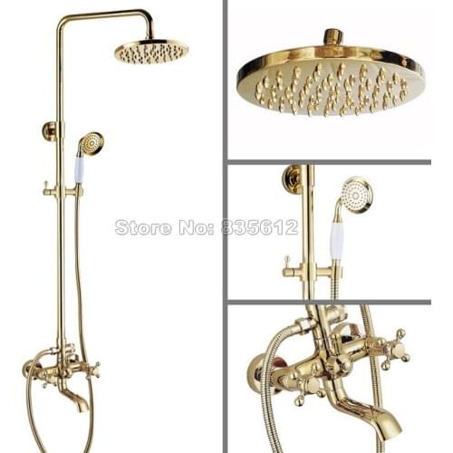 Rain Shower Faucet Set W/Bathroom Wall Mounted Gold Color Brass Dual Cross Handles Bathtub Mixer Tap with Handheld Shower Wgf392
