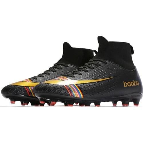 TaoBo Black Gold Long Spikes Soccer Shoes for Men and Women Breathable Socks Football Sneakers Kids Indoor Soccer Training Shoes