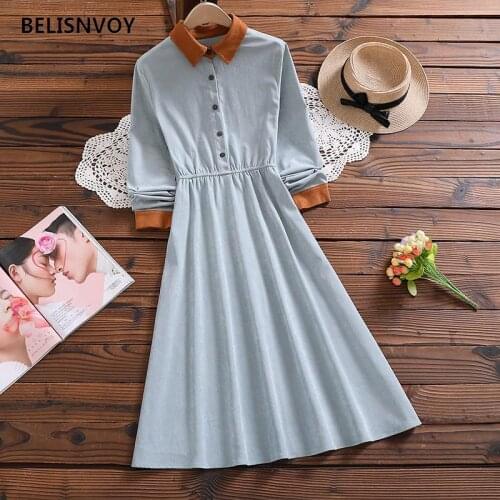 Japanese Style Mori Girl Corduroy Dress Spring Autumn Women Solid Color Midi Dresses Blue Yellow Elegant Feminine Vestidos