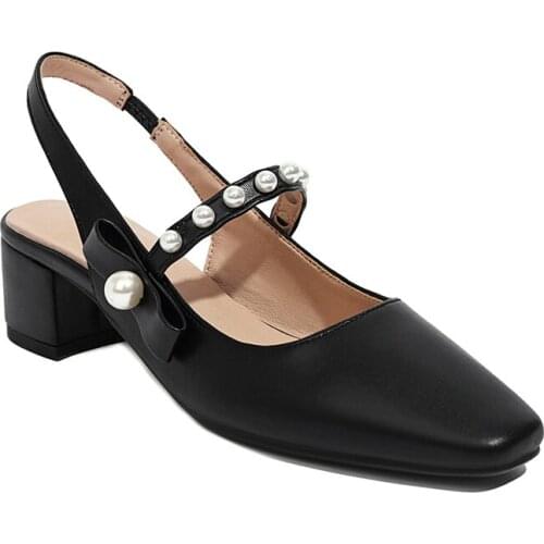 2021 Women String Bead Slingback Pumps Fashion Black Apricot White Square Toe High Thick Heels Female Office Lady Party Shoes