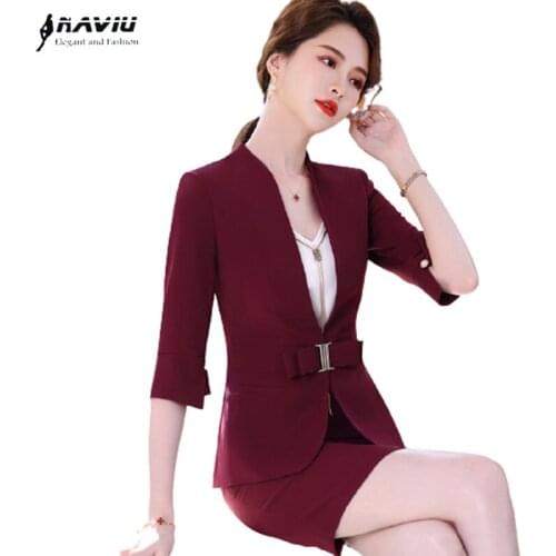 Business Suits Women Summer Half Sleeve 2021 New Fashion Temperament Slim Blazer And Skirt Office Ladies Work Wear Claret