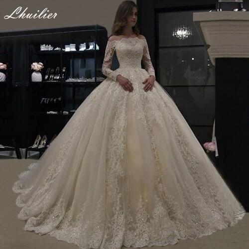 Lhuilier Womens Boat Neck Champagne Ball Gown Wedding Dresses 2020 Floor Length Bridal Gowns Court Train with Full Sleeves