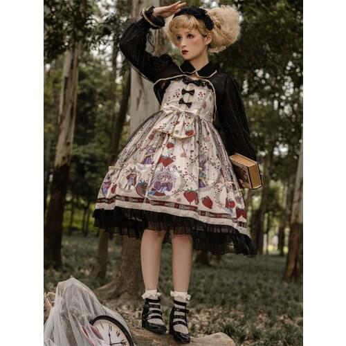 2 Piece Set Women Outfits Court Retro Cute Female mesh Stitching Black Flared Sleeve Coat Top+Kawai Lolita Strap Ball Gown Dress