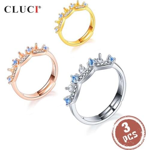 CLUCI 3pcs 925 Sterling Silver Rose Gold Crown Ring for Women Silver 925 Pearl Ring Mounting Adjustable Ring Zircon SR2227SB
