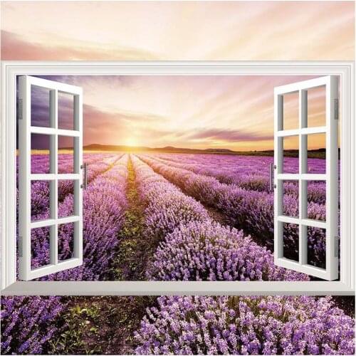 3D Stereo Wall Stickers Simulation Fake Window Landscape Stickers Marine Lavender Cherry Blossom Sunflower Decorative Stickers