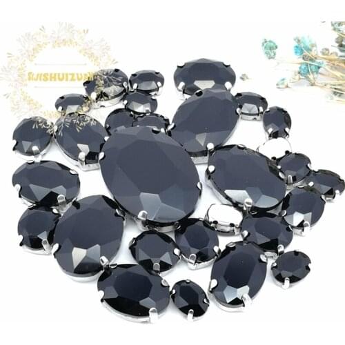 5 SIZES 30PCS Free shipping! Black oval shape Glass Crystal sew on rhinestones with calw Diy wedding decoration
