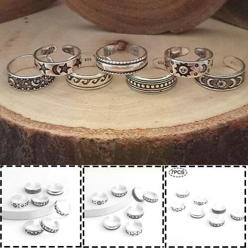 Bohemia Waves Sun Moon Star Opens Foot Ring Set Vintage Eclipse Silver Opening Toe Jewelry Women Rings