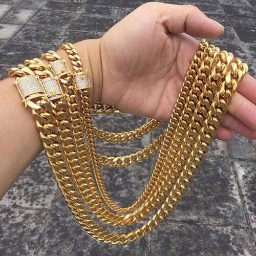 Hip hop 8-18mm Mens Womens Jewelry Gold Cuban Curb Link Chain Necklace Or Bracelet Stainless steel Rhinestone Clasp Xmas Gift
