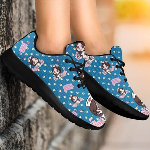 Doginthehole Teen Girls Breathable Mesh Sneaker Cute Nurse Print Women Cartoon Vulcanized Shoes 2020 New Blue Running Shoe