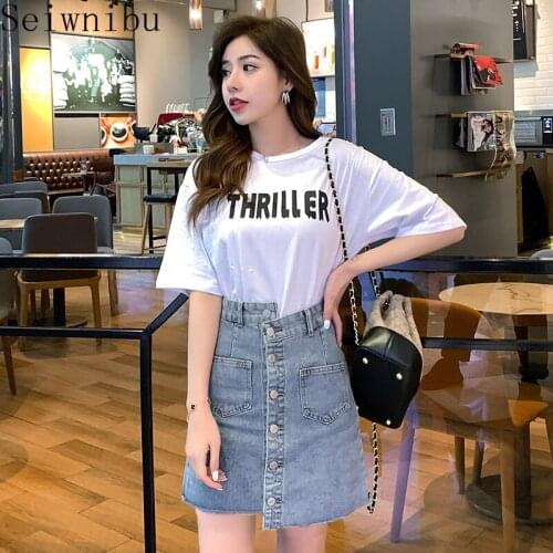 Summer women set letter print T-shirt Single breasted denim skirt 2 piece set casual long Tshirt jeans skirt suit
