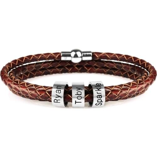 Personalized Mens Braided Genuine Leather Bracelet Stainless Steel Custom Beads Name Bracelet for Men with Family Names KZXL0418