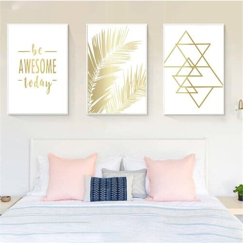 Nordic Posters and Prints Golden Picture Geometry Leaf Wall Pictures for Living Room Home Decoration Love Wedding Decor Quotes