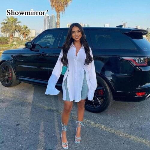 Showmirror 2021 Summer White Loose Casual Dress Women Y2K Long Sleeve Mini Spring A Line Party Sexy Fashion Shirt Dresses
