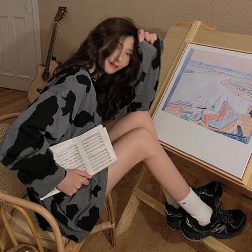 Korean Clothes Autumn Black Gray Cow Spot Stripe Long Sleeve T-Shirt Woman Vintage Couple Harajuku Oversize Emo Urban Alt Tops
