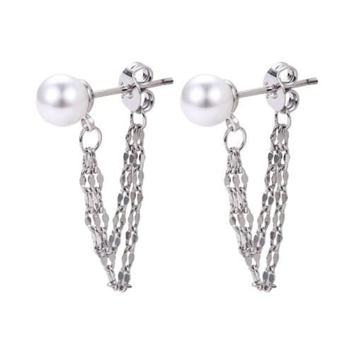 Luckydays Korean Simulated Pearl Chain Earring Double Side Earrings Women Fashion Jewelry