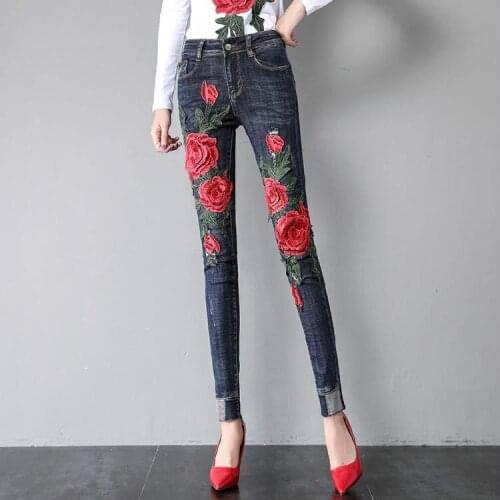 2020 New Fashion Style Women Personality Embroidery Softener Washed Denim Trousers Female Zipper Fly Skinny Pencil Pants N109