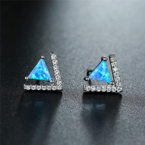 Boho Female White Blue Opal Small Earrings Rose Gold Silver Color Stud Earrings For Women Cute Triangle Crystal Wedding Earrings